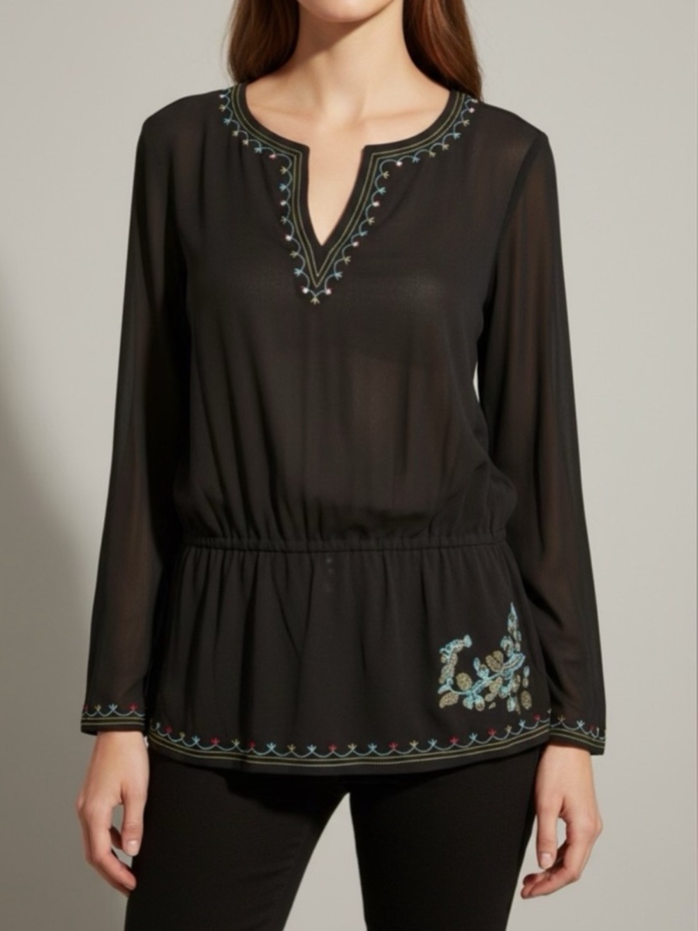 New York & Co Black Sheer Embroidered V-Neck Long Sleeve Top Size XL